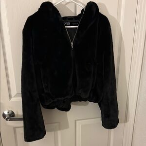 Zara Black Teddy Jacket with Hood and Zipper
